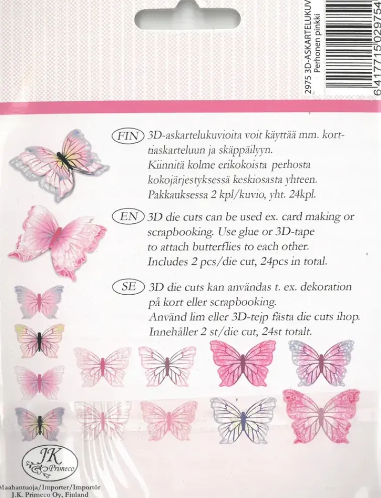 J.K. Primeco Askartelutarvikkeet<3D Askartelukuviot Perhonen 24Kpl/Pkt