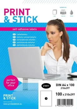 Printu0026Stick Toimistotarvikkeet>Print&Stick Tulostustarrat 210X297 Mm A4 100 Arkkia
